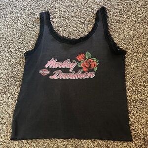 Vintage Harley-Davidson Black Tank Top with Red Rose Design
